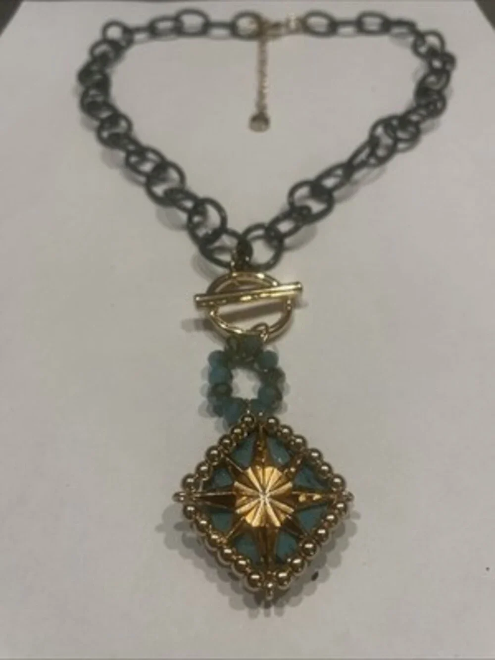 Chunky Gunmetal Chain Toggle Necklace Gold Starburst Turquoise Bead Pendant